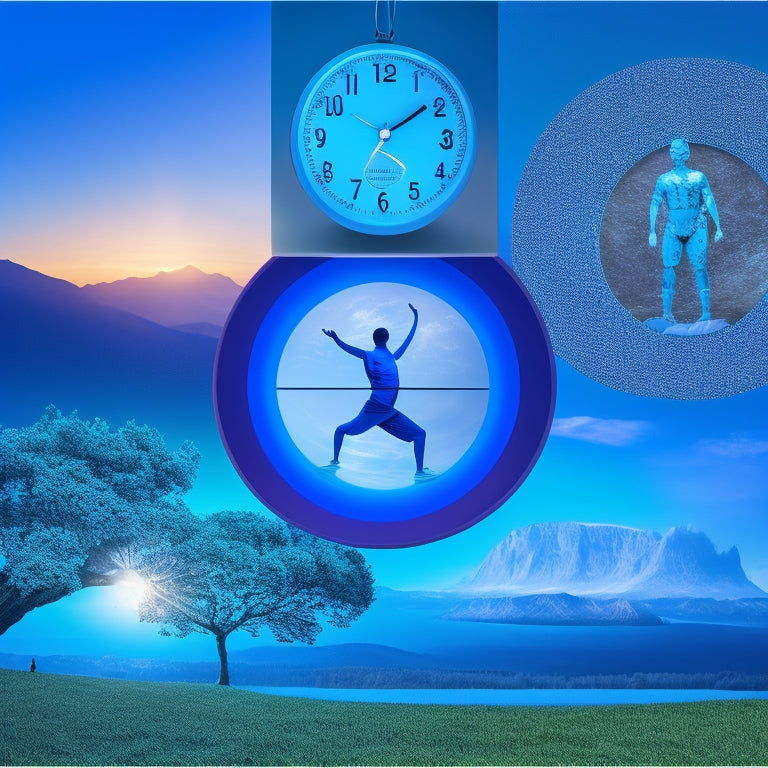 A serene background with a centered, glowing blue human silhouette, surrounded by five orbiting elements: a running shoe, a yoga mat, a stretching figure, a healthy plate, and a clock, all in harmonious balance.