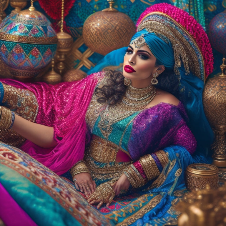 A vibrant, whimsical illustration of a belly dancer surrounded by colorful fabrics, beads, and sequins, amidst a backdrop of Middle Eastern-inspired tiles and intricate patterns.