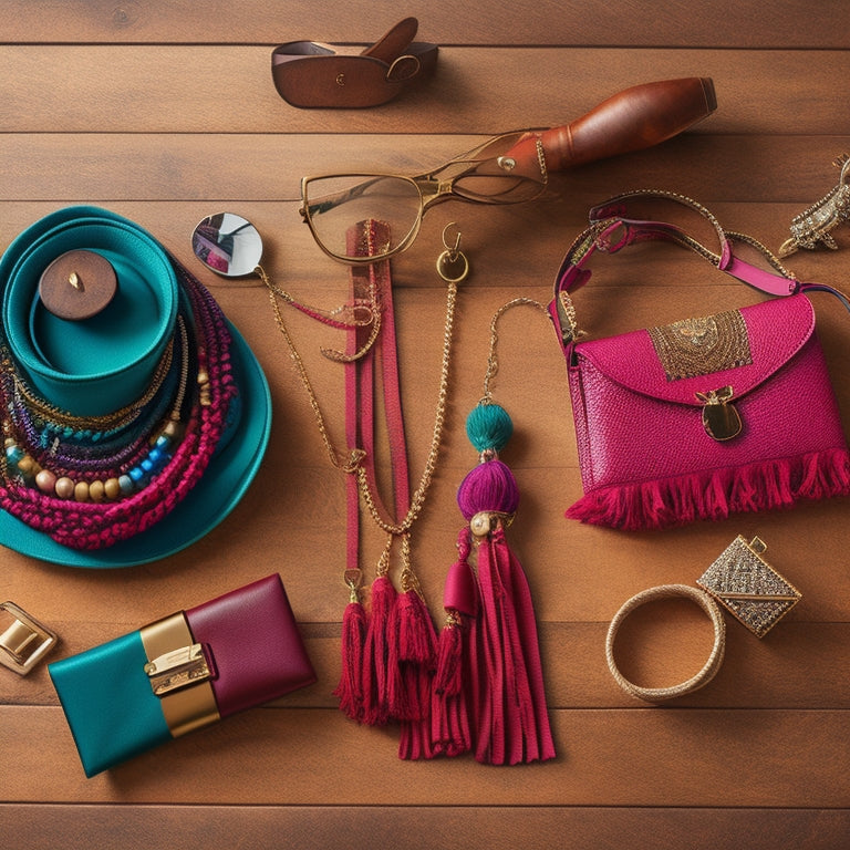 A stylish flat lay featuring five trendy tassel belts in vibrant colors, elegantly draped over a rustic wooden surface, surrounded by chic accessories like sunglasses, a statement necklace, and a fashionable handbag.