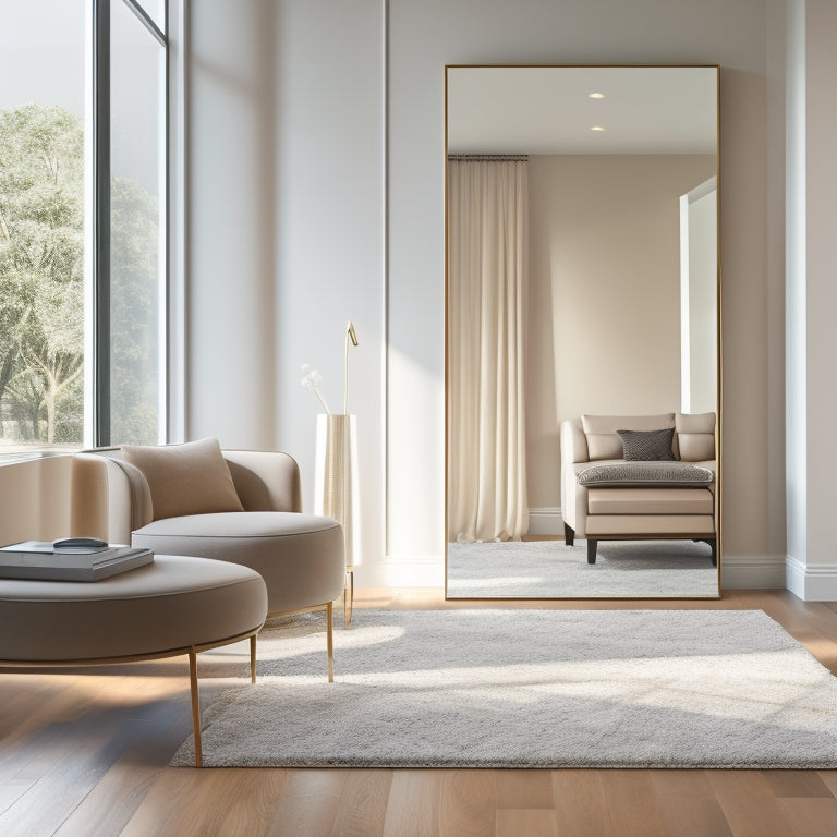 A sleek, full-length floor mirror reflecting a stylish, minimalist room with a neutral color palette, featuring a plush area rug, modern furniture, and soft natural light filtering through large windows.