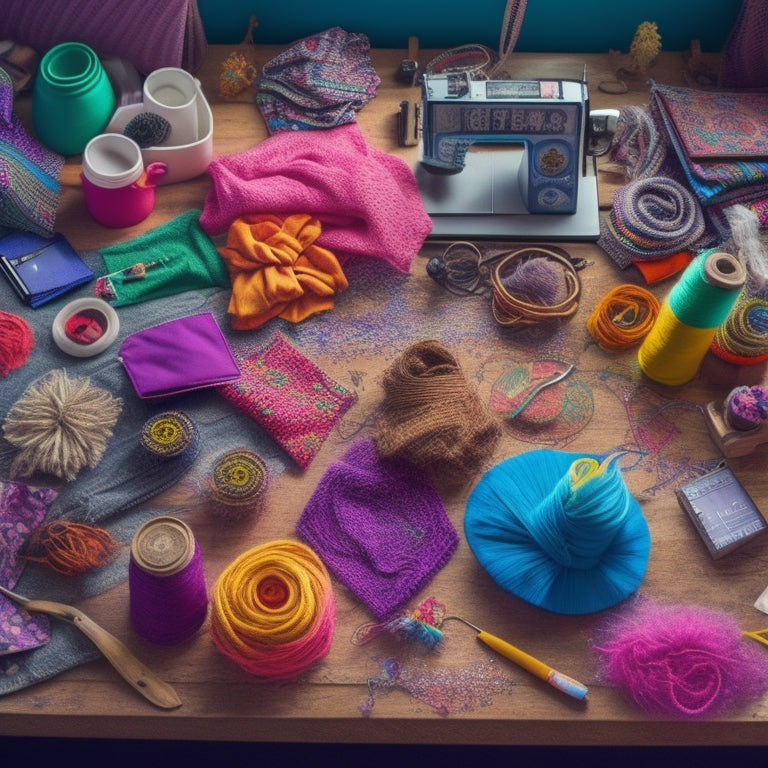 A colorful, whimsical illustration of a costume designer's workspace, featuring a mixture of digital tablets, sketchpads, and sewing machines, surrounded by swirling fabrics, threads, and scattered costume sketches.