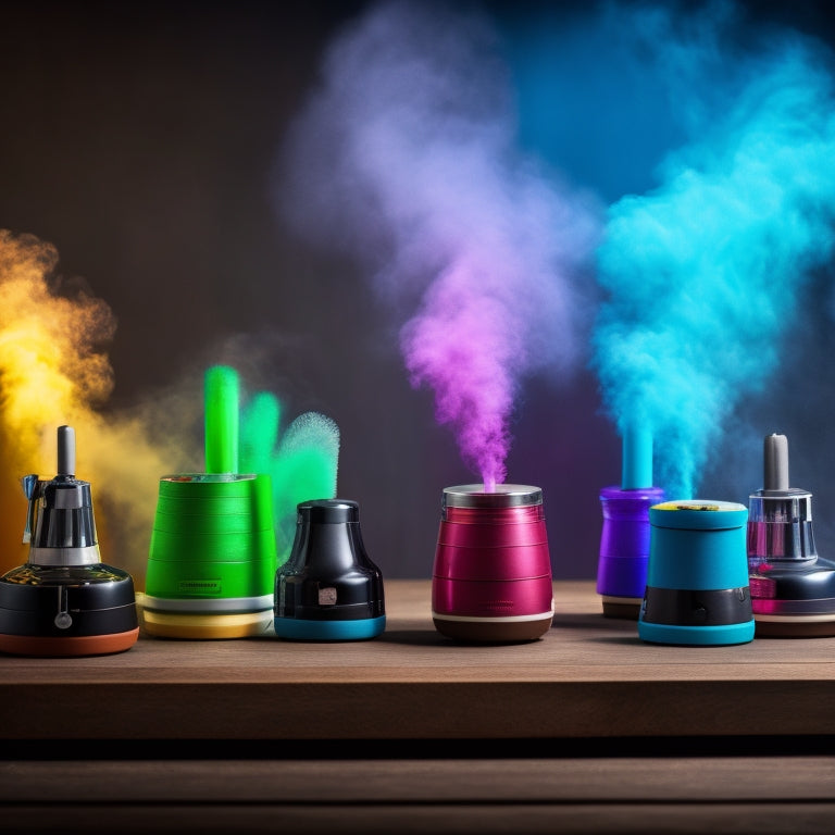 A vibrant display of ten sleek, modern handheld steamers in various colors and designs, arranged artistically on a wooden surface, with steam gently rising from them, creating a cozy, inviting atmosphere.