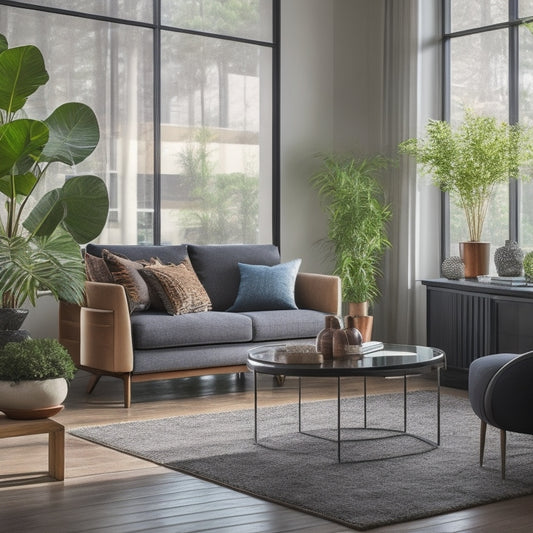 A modern living room featuring a sleek unbreakable glass mirror reflecting vibrant indoor plants, natural light streaming through large windows, and stylish furniture, all creating a warm and inviting atmosphere.