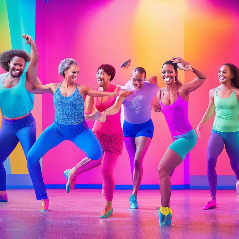 A vibrant, energetic illustration featuring a diverse group of smiling beginners, aged 20-50, in a colorful dance studio, surrounded by mirrors and ballet bars, dancing in various fun, energetic poses.