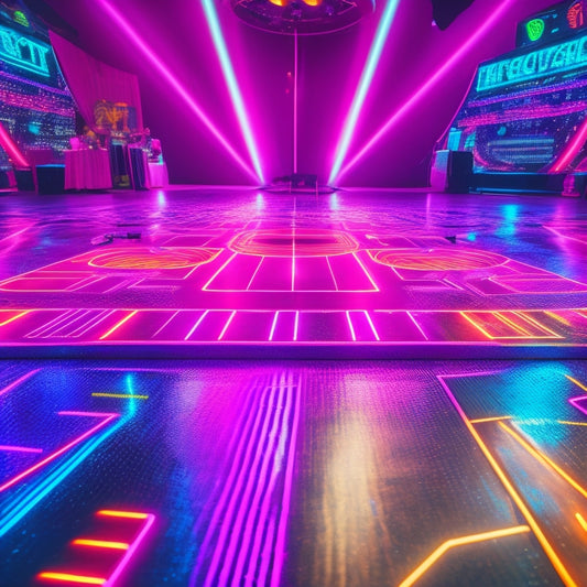A vibrant, neon-lit dance floor with a sleek, silver DDR machine at its center, surrounded by dynamic, swirling shapes and abstract lights, evoking energy and movement.