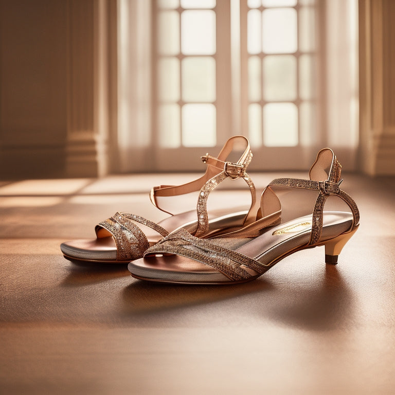 A pair of elegant dance sandals with shimmering straps, resting on a polished wooden floor, surrounded by soft spotlight beams, highlighting their intricate details and graceful curves, evoking a sense of professionalism and passion for dance.