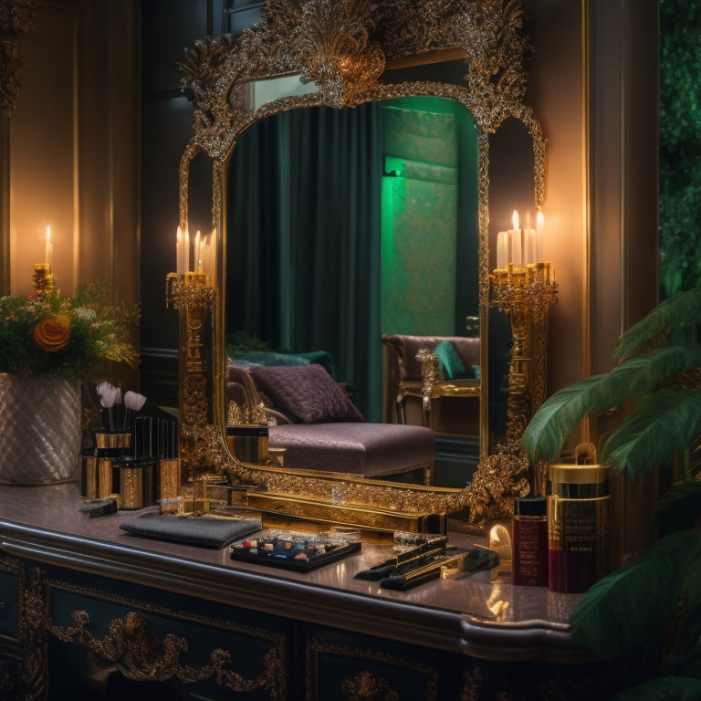 A luxurious, dimly lit makeup station with ornate mirrors, soft golden lighting, and an array of high-end beauty products and tools, surrounded by lush greenery and velvet drapes.