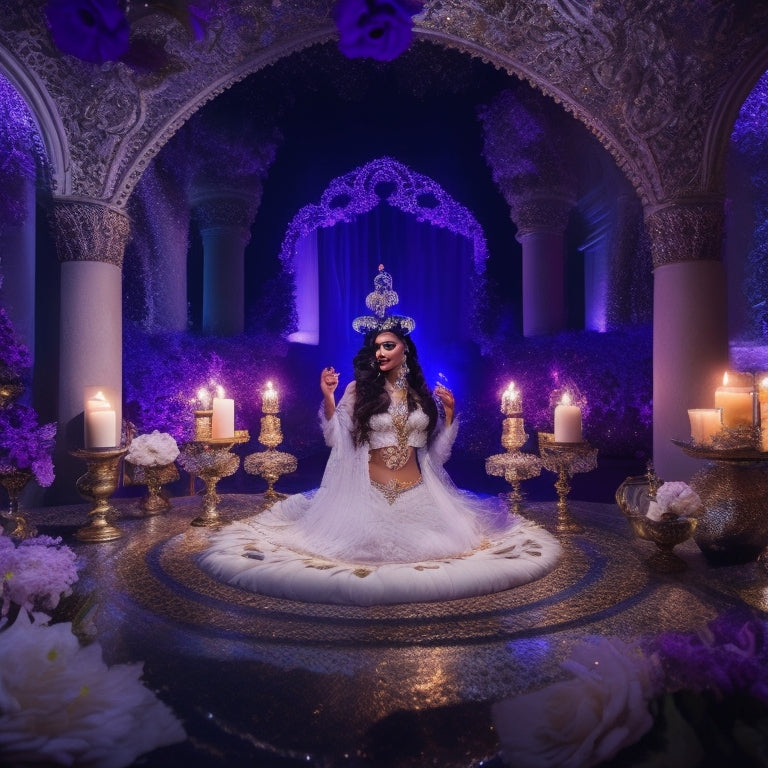A serene, dimly lit virtual reality environment with a belly dancer in the center, wearing a flowing white costume and VR headset, surrounded by swirling purple and gold patterns, with virtual flowers and candles floating around her.