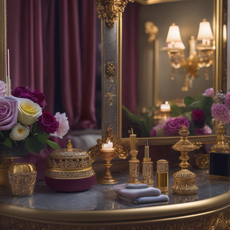 A luxurious, velvet-draped vanity setup with ornate golden mirrors, adorned with delicate flowers, and an array of high-end hair and makeup tools, surrounded by soft, warm candlelight.