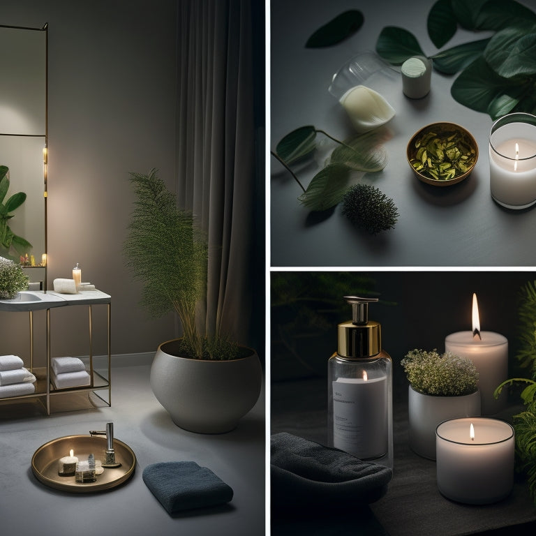 Generate an image depicting a serene, candle-lit bathroom with a freestanding tub surrounded by lush greenery, a flower-petal-filled pathway, and a minimalist vanity with sleek, modern beauty products.