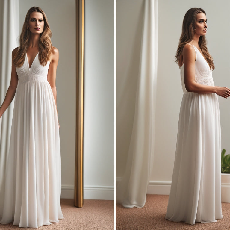 A split-screen image featuring a woman standing in front of a white background, wearing a fitted dress on one side and a flowy maxi dress on the other, with a subtle mirror reflection.