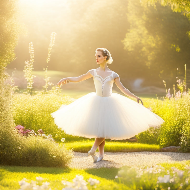 A serene outdoor setting with a ballet dancer standing on a grassy lawn, wearing a flowing white tutu, and real ballet shoes, surrounded by blooming flowers and a subtle sunlight glow.
