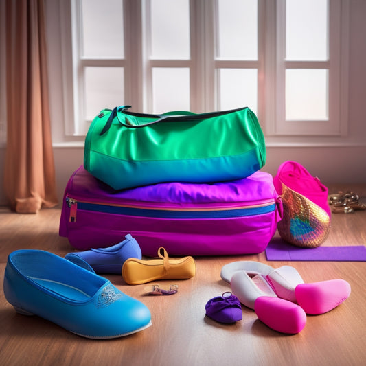 A colorful dance gear bag overflowing with ballet shoes, leotards, tights, and a water bottle, set against a backdrop of a bright, airy studio with mirrors and wooden floors.