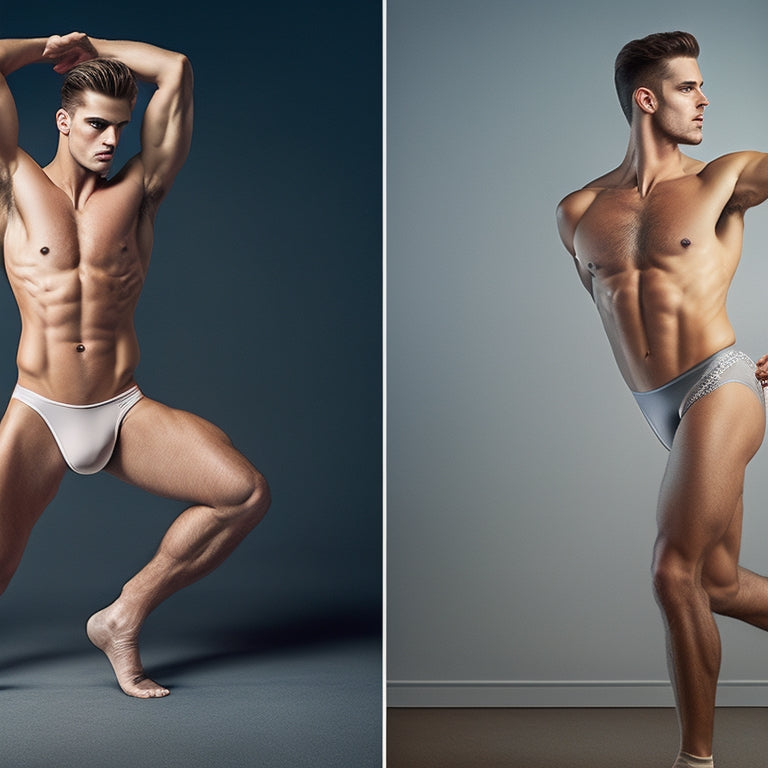 A split-screen image: on the left, a male dancer in a fitted costume with a visible bulge, and on the right, the same dancer with cleverly concealed underwear and strategically placed dance attire.