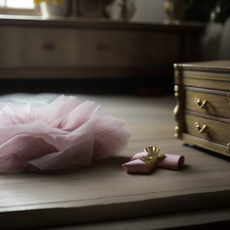 A delicate, pale pink tutu lies flat on a velvet-covered table, surrounded by acid-free tissue paper, archival boxes, and a small, ornate wooden chest adorned with a miniature ballet slipper.
