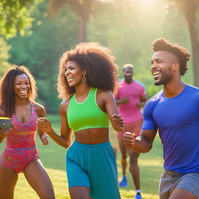 A vibrant outdoor scene featuring diverse individuals joyfully dancing with portable speakers in a sunlit park, showcasing energetic movements and colorful athletic wear, surrounded by lush greenery and a clear blue sky.