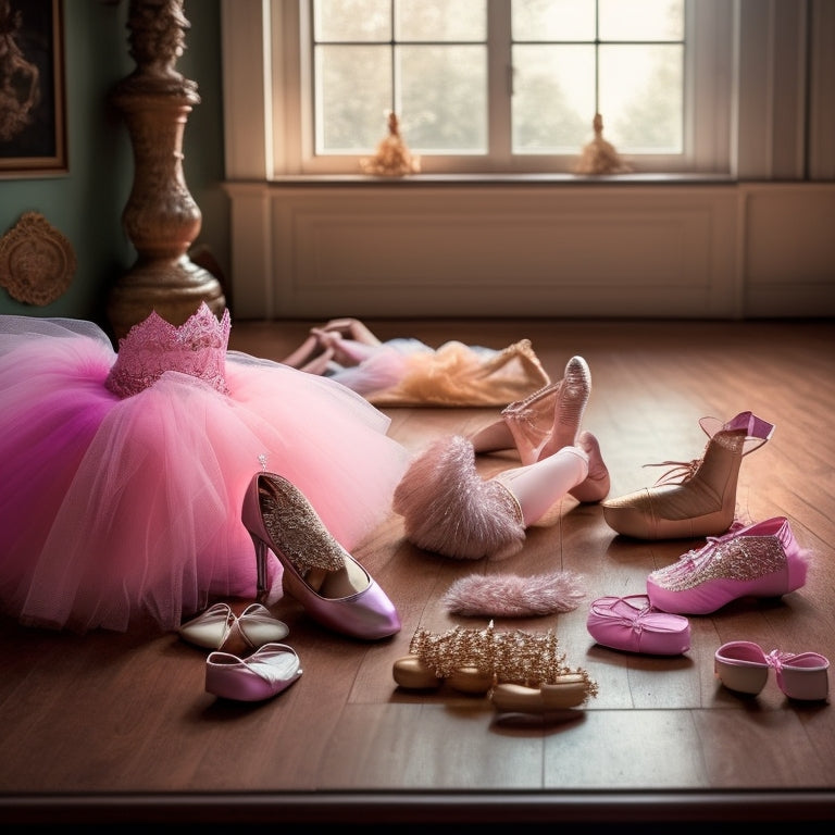 A vibrant display of ballet costumes: elegant tutus in pastel shades, shimmering leotards, delicate ballet slippers, and intricate lace accessories, all arranged on a wooden dance studio floor with soft lighting casting gentle shadows.