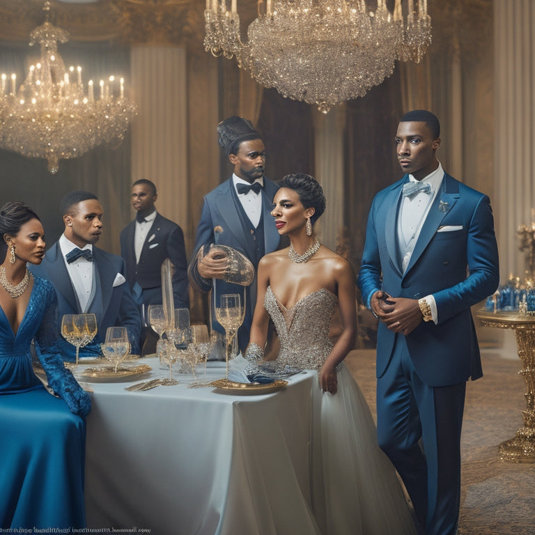 An elegant ballroom scene featuring diverse individuals in exquisite formal attire: men in tailored tuxedos, women in flowing gowns of various colors, showcasing accessories like gloves and jewelry, all set against a luxurious, softly lit backdrop.