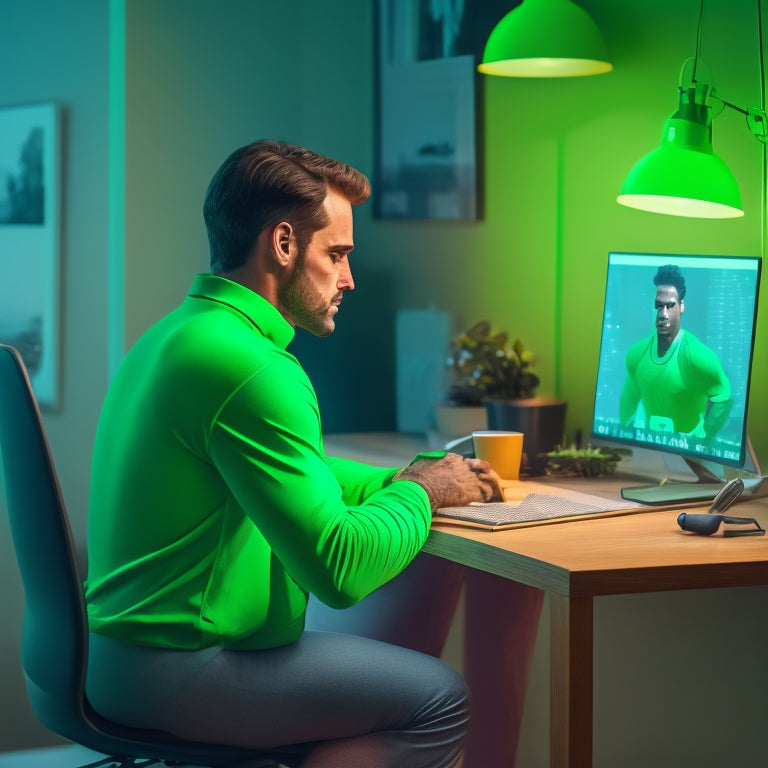 An illustration of a person sitting at a desk, with a subtle green glow surrounding their neck and shoulders, surrounded by subtle hints of stretching and exercise equipment in the background.
