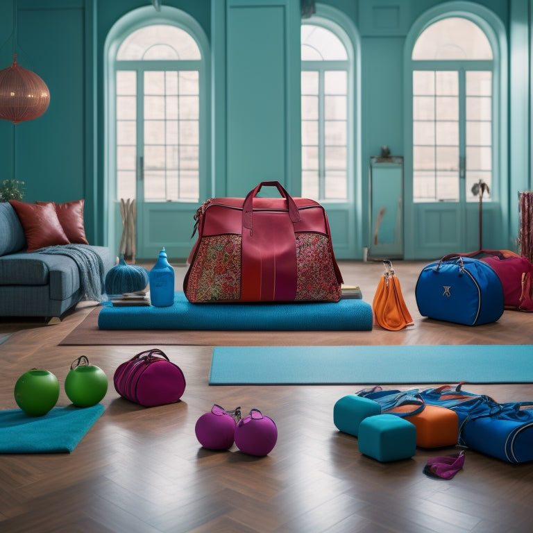 A vibrant dance studio setting, showcasing stylish duffel bags in various colors and patterns, neatly organized with ballet shoes, water bottles, and accessories, surrounded by mirrors and wooden floors reflecting an energetic atmosphere.