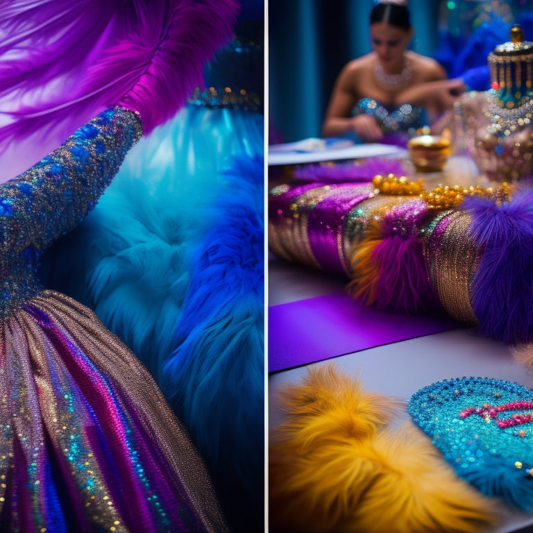 A vibrant dance studio filled with colorful costumes, shimmering fabrics, and intricate beadwork. Close-up on a designer sketching on a table surrounded by sequins, feathers, and swatches, with dancers rehearsing in the background.