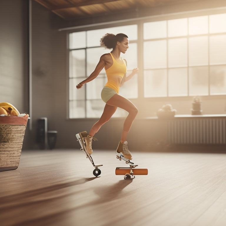 A serene, warm-toned illustration of a slender-legged person in mid-air, roller skating on a wooden floor, surrounded by faint, blurred silhouettes of fitness equipment and healthy snacks.