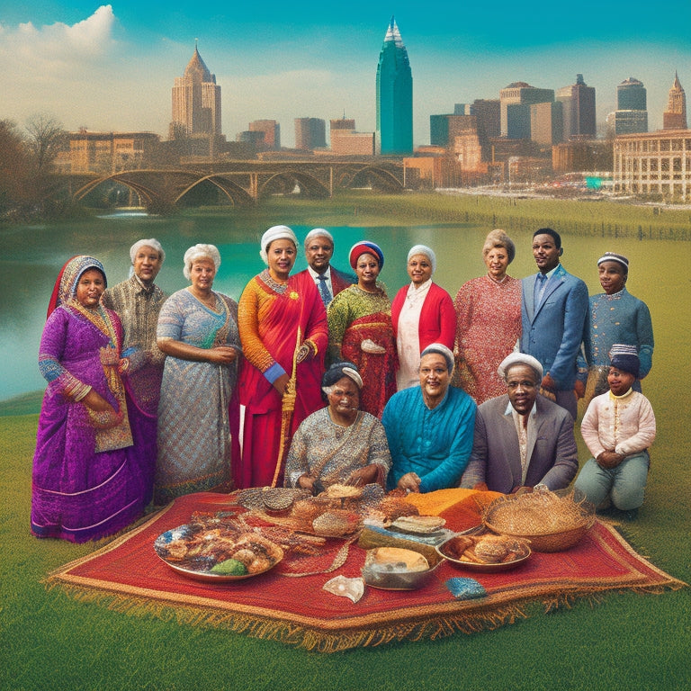 A vibrant illustration of a diverse group of people, including children and seniors, gathered around a large Bengali flag, with traditional clothing, instruments, and food items surrounding them, set against a Cleveland cityscape.