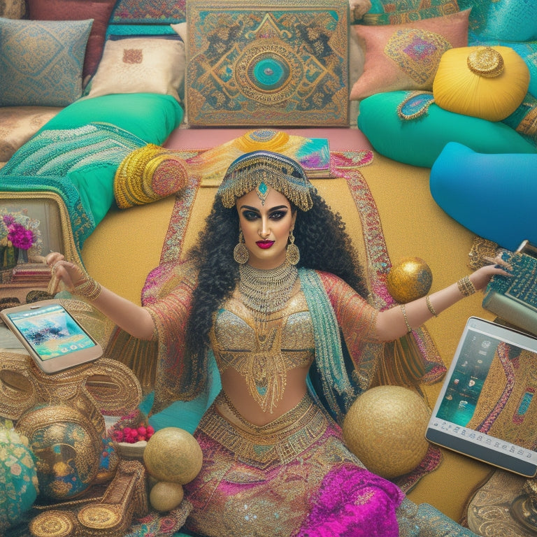 A whimsical illustration of a belly dancer surrounded by laptops, tablets, and smartphones, with colorful swirling patterns and ornate Middle Eastern-inspired motifs, amidst a backdrop of vibrant turquoise and gold hues.
