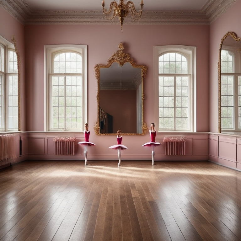 A graceful ballet studio with a wooden floor, showcasing neatly arranged essentials: soft pink ballet slippers, a delicate tutu, a fitted leotard, leg warmers, and a mirror reflecting elegant poses.