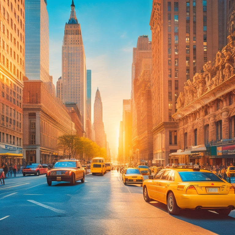 A vibrant, sun-kissed cityscape featuring the iconic Manhattan skyline, bright yellow cabs, and bustling streets filled with diverse pedestrians, set against a warm blue sky with wispy white clouds.