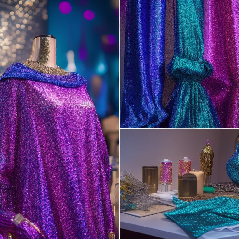 A vibrant display of shimmering sequin fabrics in various colors and patterns, draped elegantly on mannequins, with soft lighting highlighting their textures, surrounded by fashion sketches and sewing tools in a stylish studio setting.