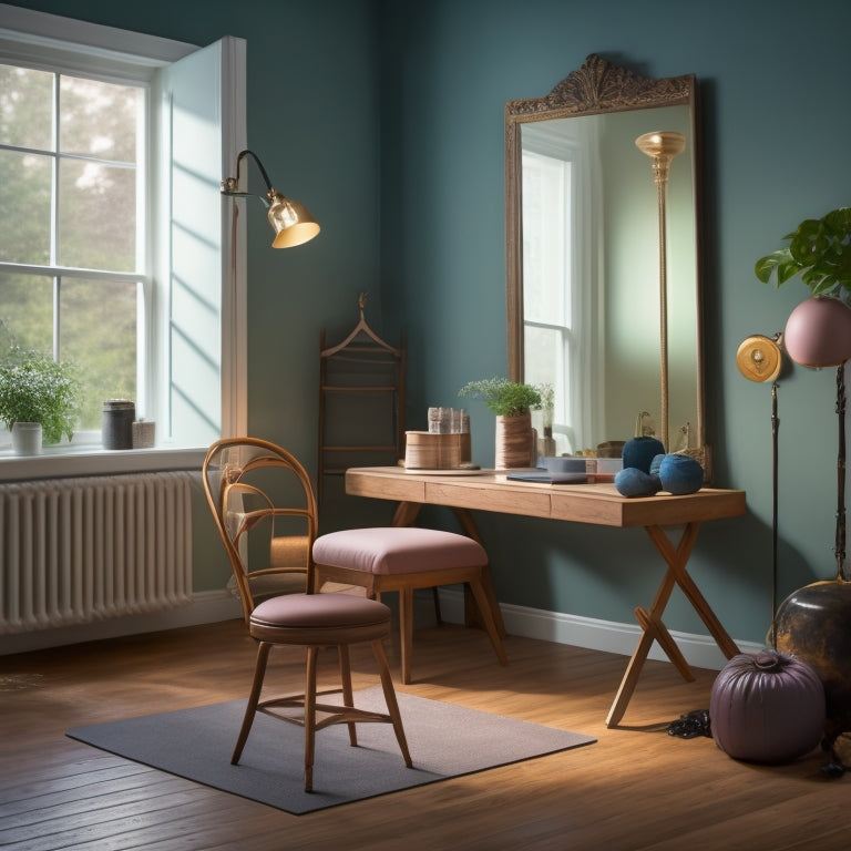 A serene, well-lit home studio with a large mirror, a ballet-inspired workout mat, and a chair or ballet barre substitute, such as a countertop or back of a sturdy chair, with a few free weights nearby.