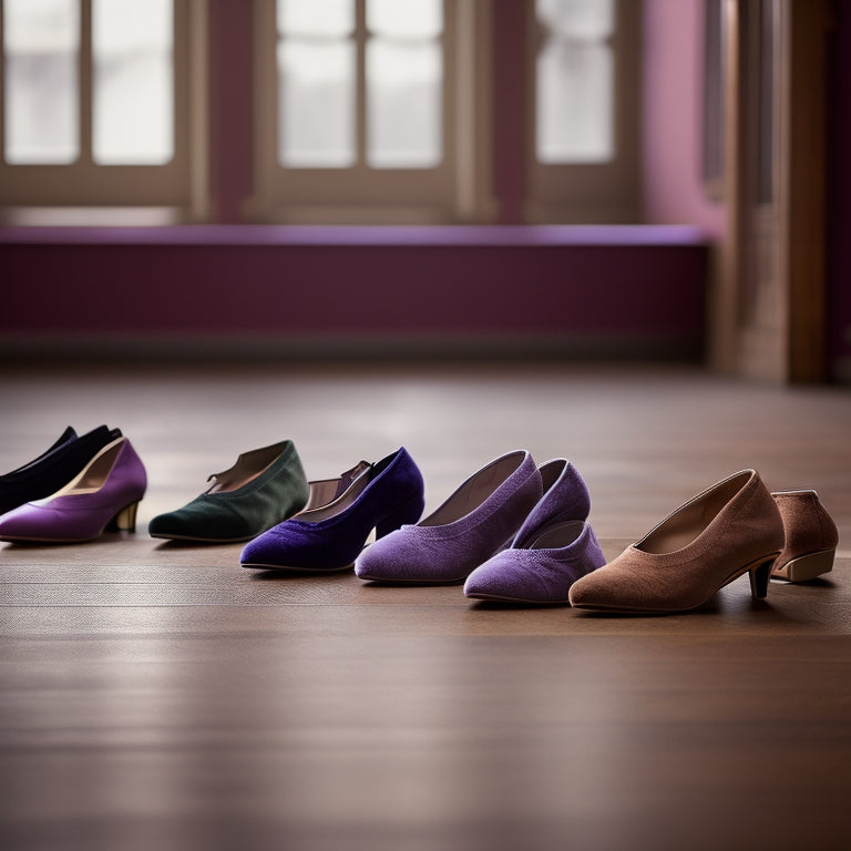 A collection of elegant suede sole dance shoes in various styles and colors, displayed on a polished wooden floor. Soft lighting highlights the texture of the suede, creating a warm and inviting atmosphere.