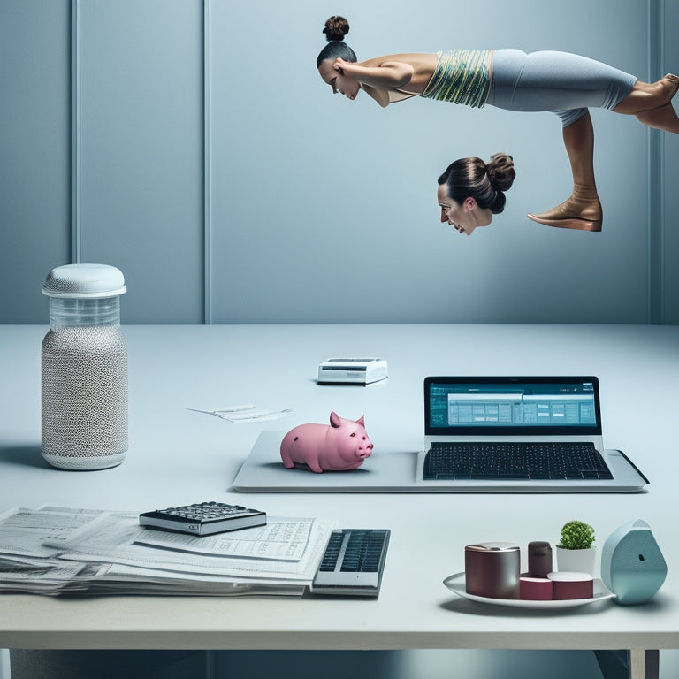 A minimalist illustration featuring a professional dancer in the center, surrounded by various financial tools such as a piggy bank, calculator, and laptop with a spreadsheet open.