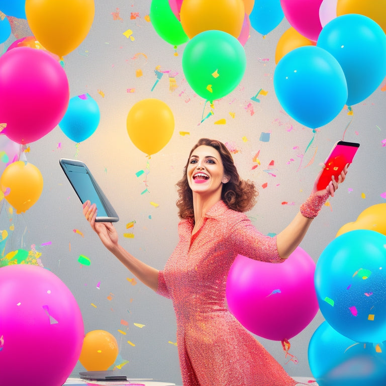 A whimsical illustration of a confident, dancing woman surrounded by laptops, tablets, and smartphones, with confetti and balloons floating around her, amidst a subtle background of coding symbols and online course icons.