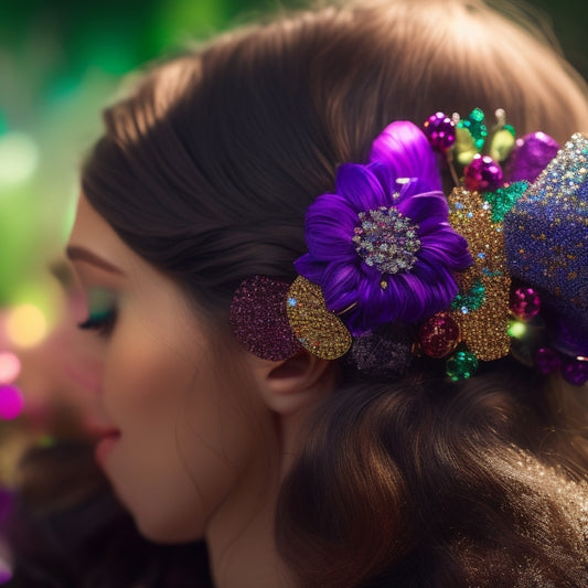 A close-up of vibrant, sparkly hair clips adorned with shimmering sequins and gemstones, resting on a soft velvet surface, surrounded by scattered glitter and delicate flowers, capturing an elegant and stylish atmosphere.