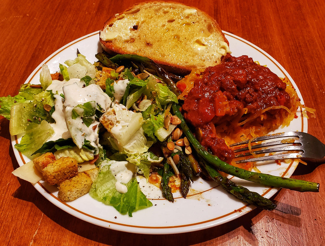 Spaghetti Squash with Ragu, Asparagus, Caesar Salad, Fresh Sourdough