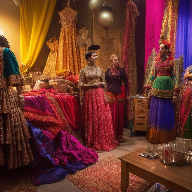 A vibrant backstage scene showcasing diverse costumes on racks, intricate fabrics draping, colorful accessories scattered, a designer sketching ideas, and dramatic lighting illuminating the creative chaos of stage costume design.
