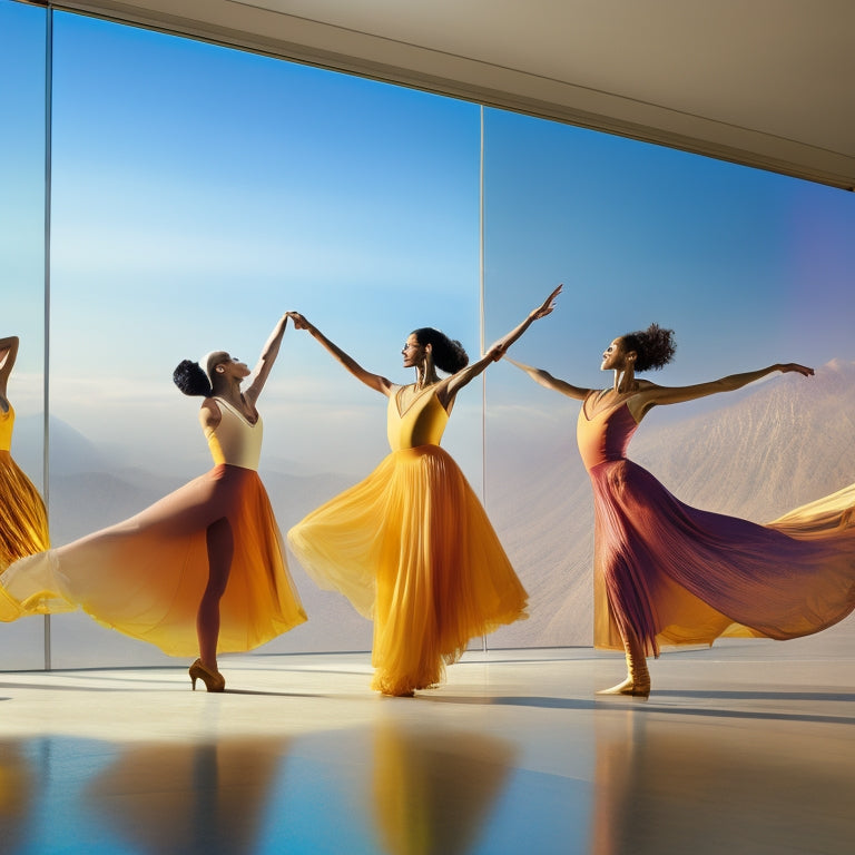 A dynamic dance scene showcasing women in vibrant, form-fitting dancewear, featuring flowing skirts, sleek leggings, and elegant leotards. The backdrop is a sunlit studio with mirrored walls and polished wooden floors, emphasizing movement and grace.