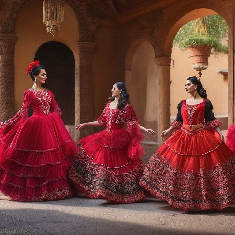 A vibrant display of flamenco costumes, featuring flowing red and black dresses with ruffles, intricate lace details, and decorative shawls, alongside stylish flamenco shoes, set against a rustic Spanish backdrop with warm sunlight.
