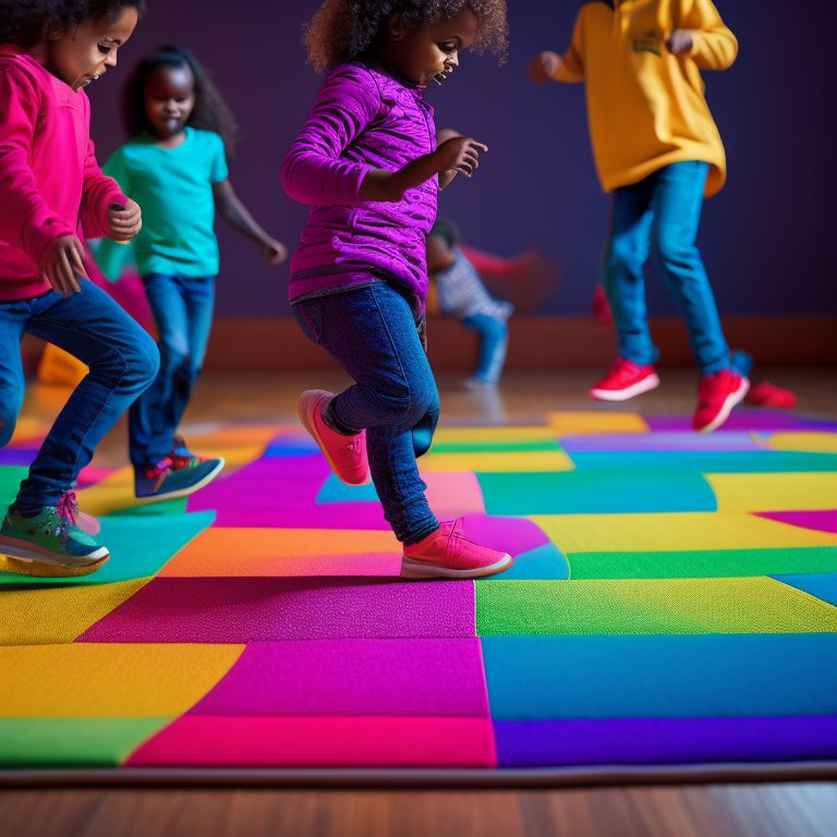 A colorful, vibrant dance mat sprawled on a bright, wooden floor, surrounded by playful children of diverse backgrounds joyfully dancing. Soft lighting highlights their energetic movements, while fun music notes and shapes float in the air.