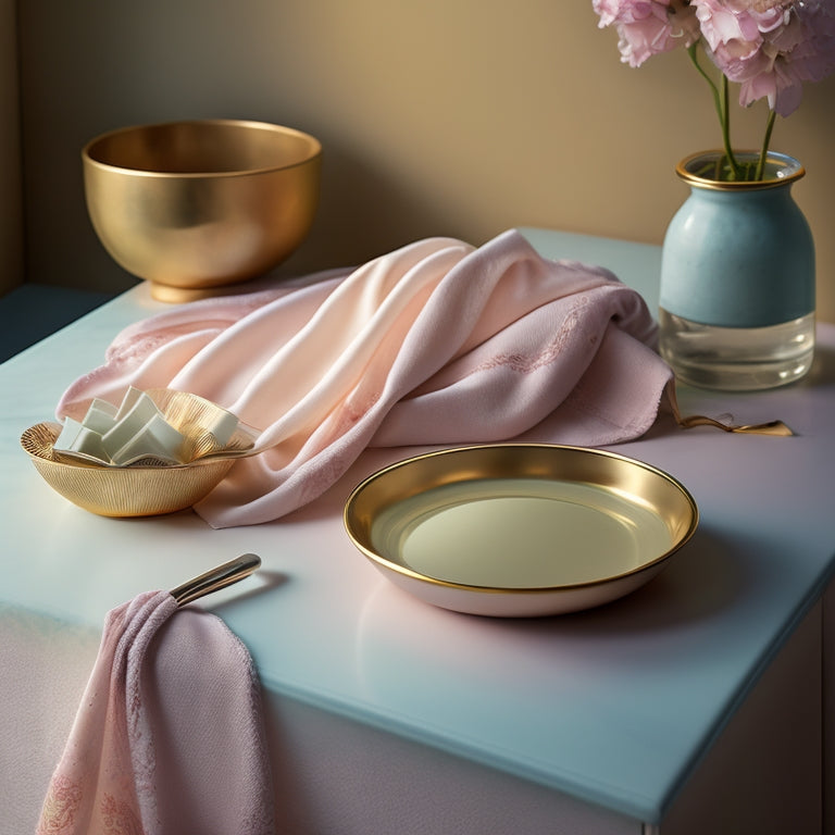 A serene scene of a delicate silk scarf draped over a soft, pastel-colored surface, surrounded by gentle cleaning tools like a silk brush, microfiber cloth, and a small bowl of gentle detergent, illuminated by soft, natural light.