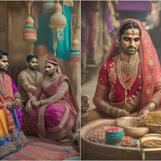 A vibrant Indian marketplace scene showcasing men in intricately embroidered kurtas and women in colorful sarees adorned with ornate jewelry, surrounded by traditional textiles, spices, and handicrafts, reflecting the rich cultural heritage of India.