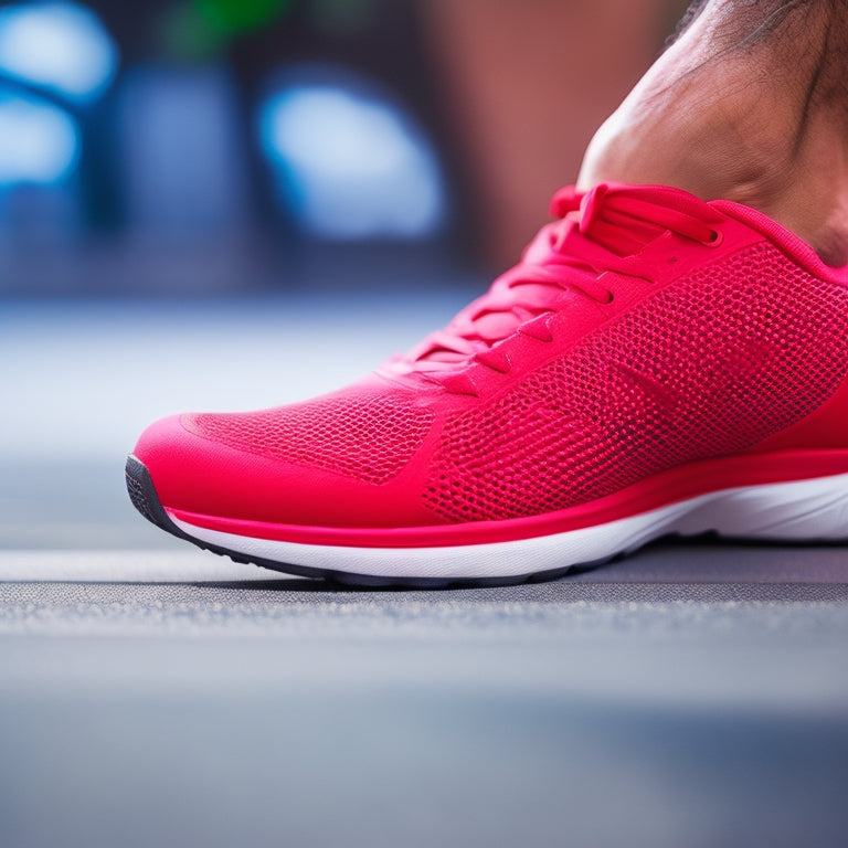 A close-up of a person's foot, with a red, inflamed plantar fascia tendon stretching from heel to toes, surrounded by subtle hints of athletic gear in the blurred background.