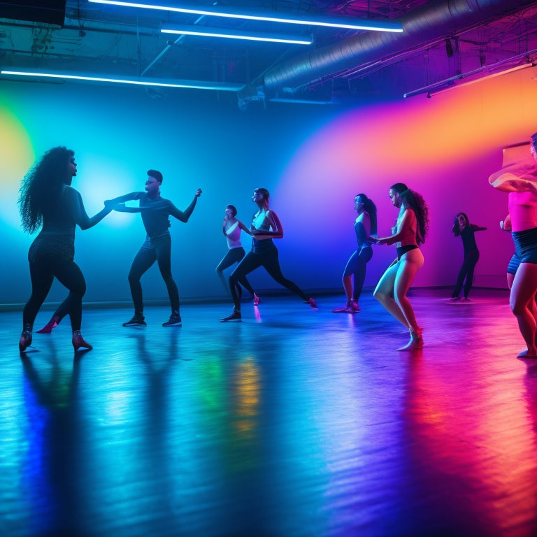 A vibrant dance studio filled with colorful lights, dancers mid-move, laptops displaying editing software, and swirling visual effects. Capture dynamic energy, rhythm, and creativity in an immersive editing environment.
