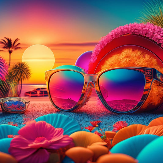 A vibrant, neon-lit illustration featuring a stylized sound wave pattern, surrounded by eclectic summer elements: sunglasses, beach balls, and tropical flowers, set against a warm, sunset-inspired background.