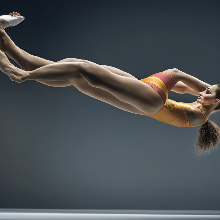 An illustration of a gymnast in mid-air, performing a twisting flip, wearing a sleek, high-cut leotard with a seamless, wedgie-free design, surrounded by motion lines and dynamic shading.