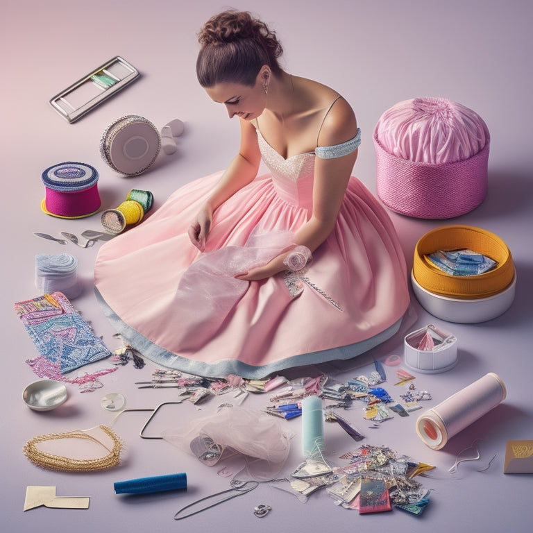 An illustration of a frustrated woman adjusting her strapless dress, with multiple dresses scattered around her, and a sewing kit, pins, and fabric scraps nearby, set against a soft, pastel-colored background.