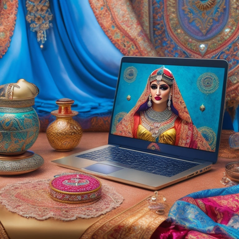 A whimsical illustration featuring a laptop surrounded by belly dance-inspired elements: intricate Middle Eastern patterns, flowing veils, and ornate jewelry, with digital design tools and screens displaying vibrant, swirling fabrics.