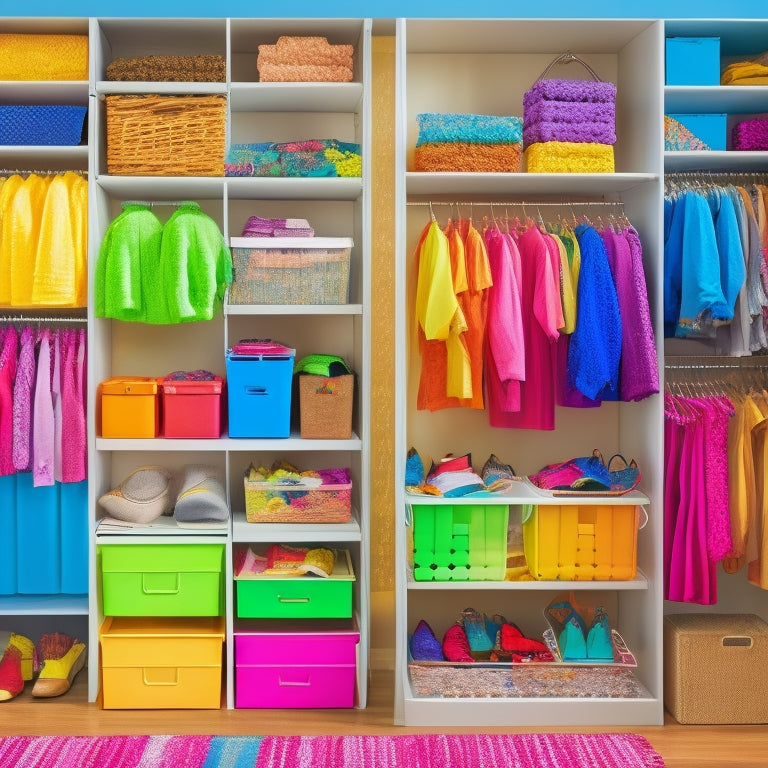 A colorful array of neatly organized costumes, hung on space-saving hangers, showcasing creative storage solutions like under-bed bins, labeled boxes, and vertical shelving, set against a cheerful, well-lit room filled with festive decorations.